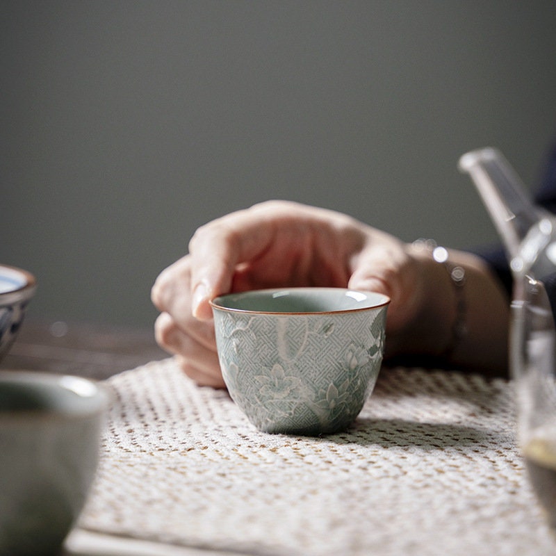 Engraved Lotus Ceramic Tea Cups, Cyan Teacups, Handmade Personalized Pottery Cup