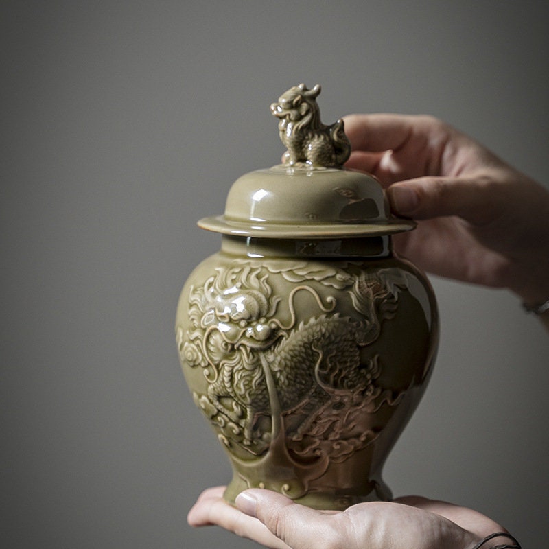 Anaglyph Kirin Ceramic Tea Canisters, Personalized Tea Caddy