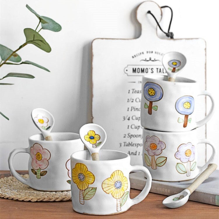 Cute Handmade Ceramic Coffee Mug, Personalized Hand-painted Floral Mug