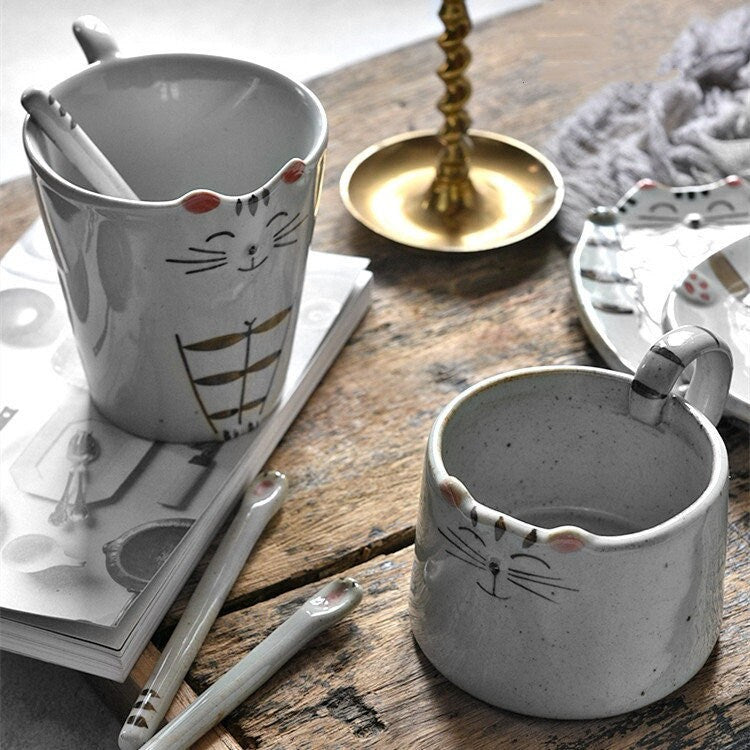 Cute Cat Handmade Ceramic Mug, Personalized Hand-painted Coffee Mug