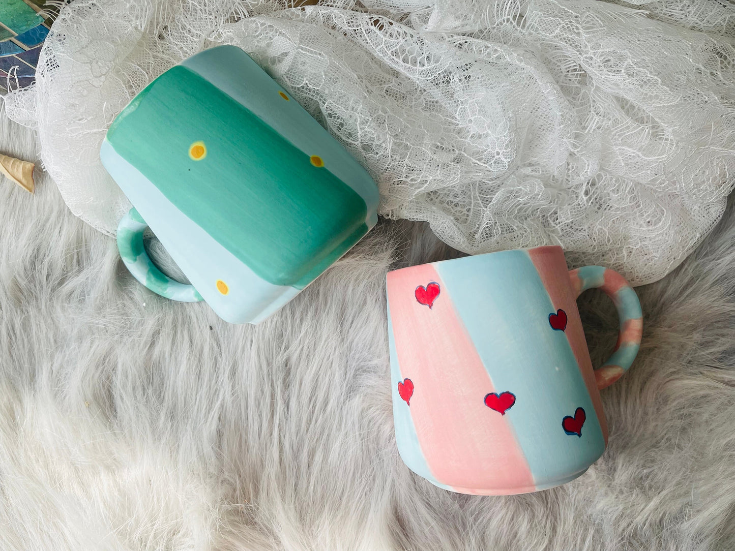 Hand-painted Ceramic Coffee Mug Handmade, 12 Oz Pink And Green Personalized Pottery Mug