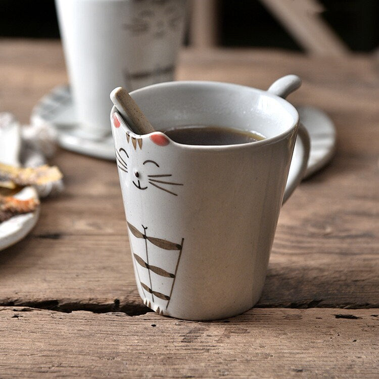 Cute Cat Handmade Ceramic Mug, Personalized Hand-painted Coffee Mug