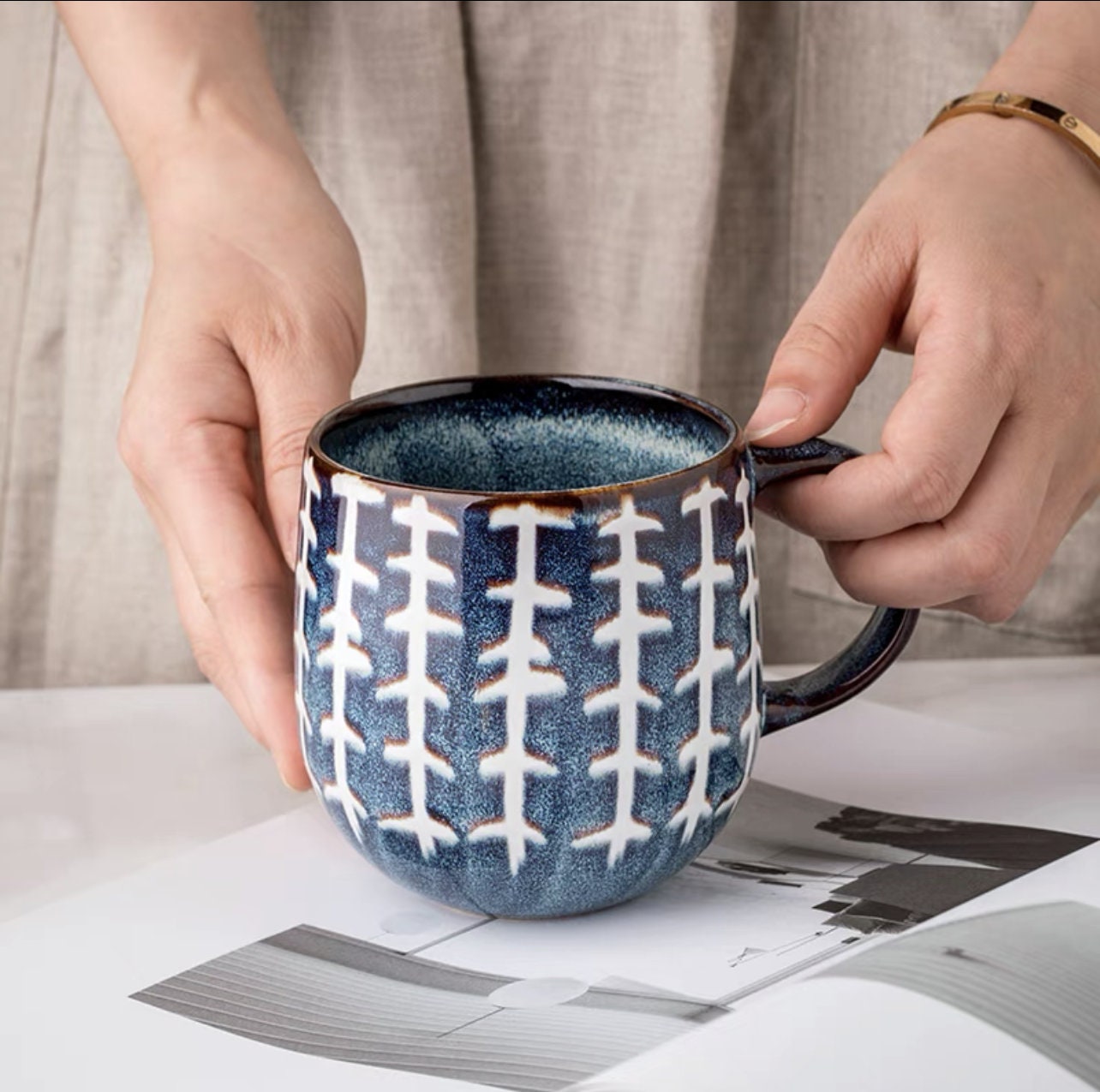 Ceramic Coffee Mug Handmade, Stripe Personalized Pottery Mug