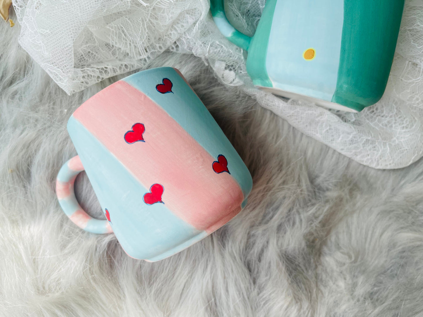 Hand-painted Ceramic Coffee Mug Handmade, 12 Oz Pink And Green Personalized Pottery Mug