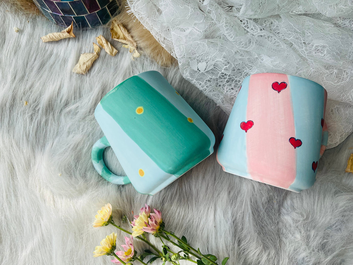 Hand-painted Ceramic Coffee Mug Handmade, 12 Oz Pink And Green Personalized Pottery Mug