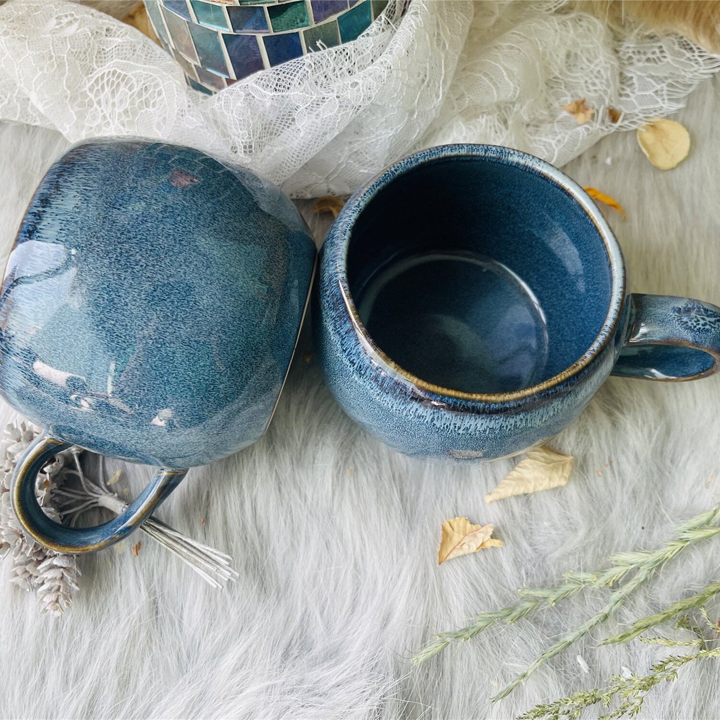 Blue Ceramic Coffee Mug Handmade, 17 Oz Personalized Pottery Mug