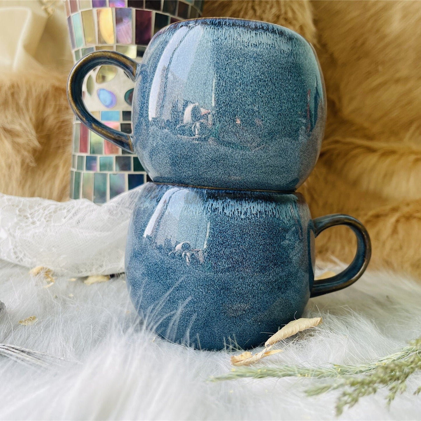 Blue Ceramic Coffee Mug Handmade, 17 Oz Personalized Pottery Mug