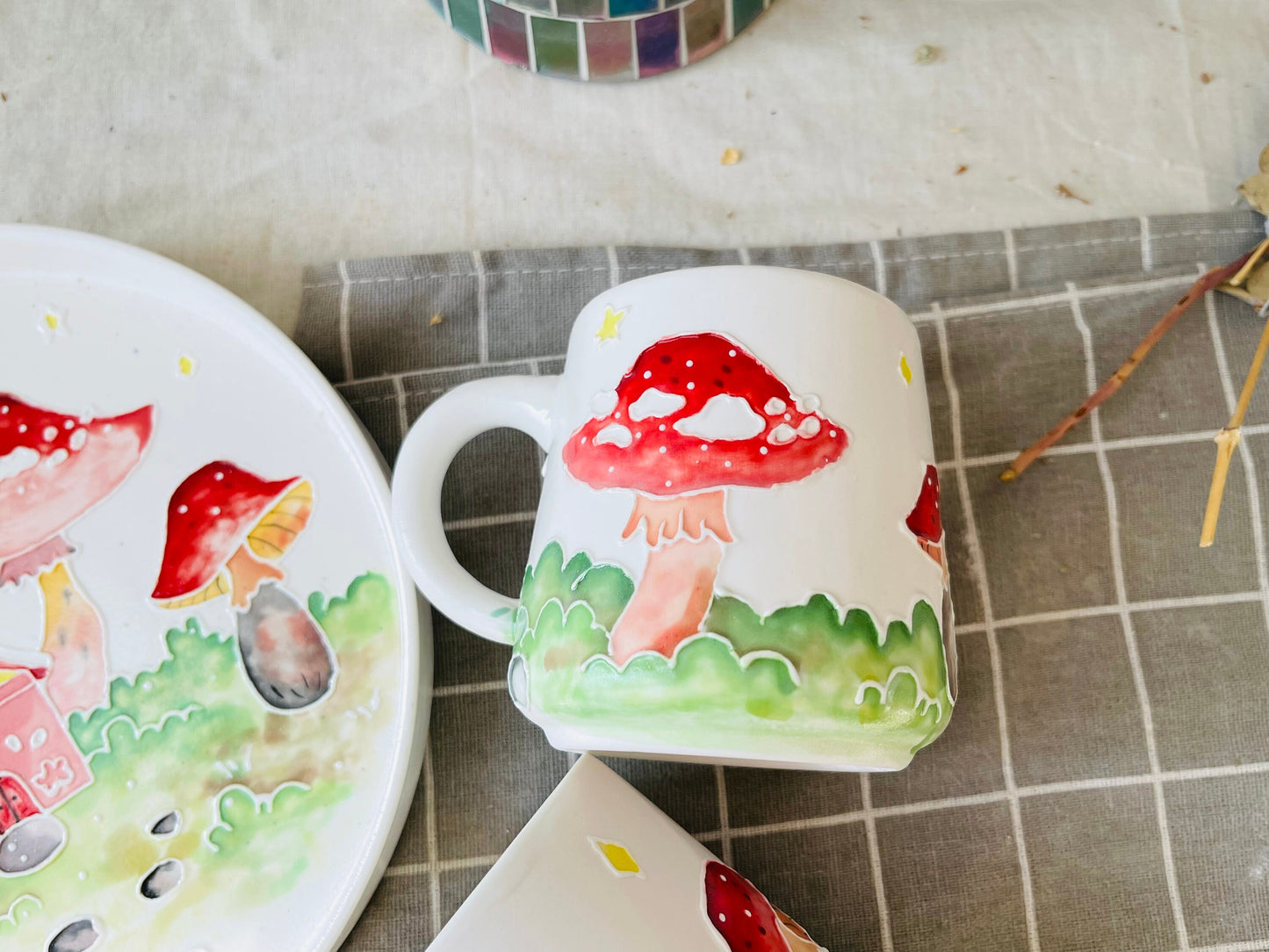 Mushroom Ceramic Coffee Mug Handmade, 3D Relief Mushroom Personalized Pottery Mug