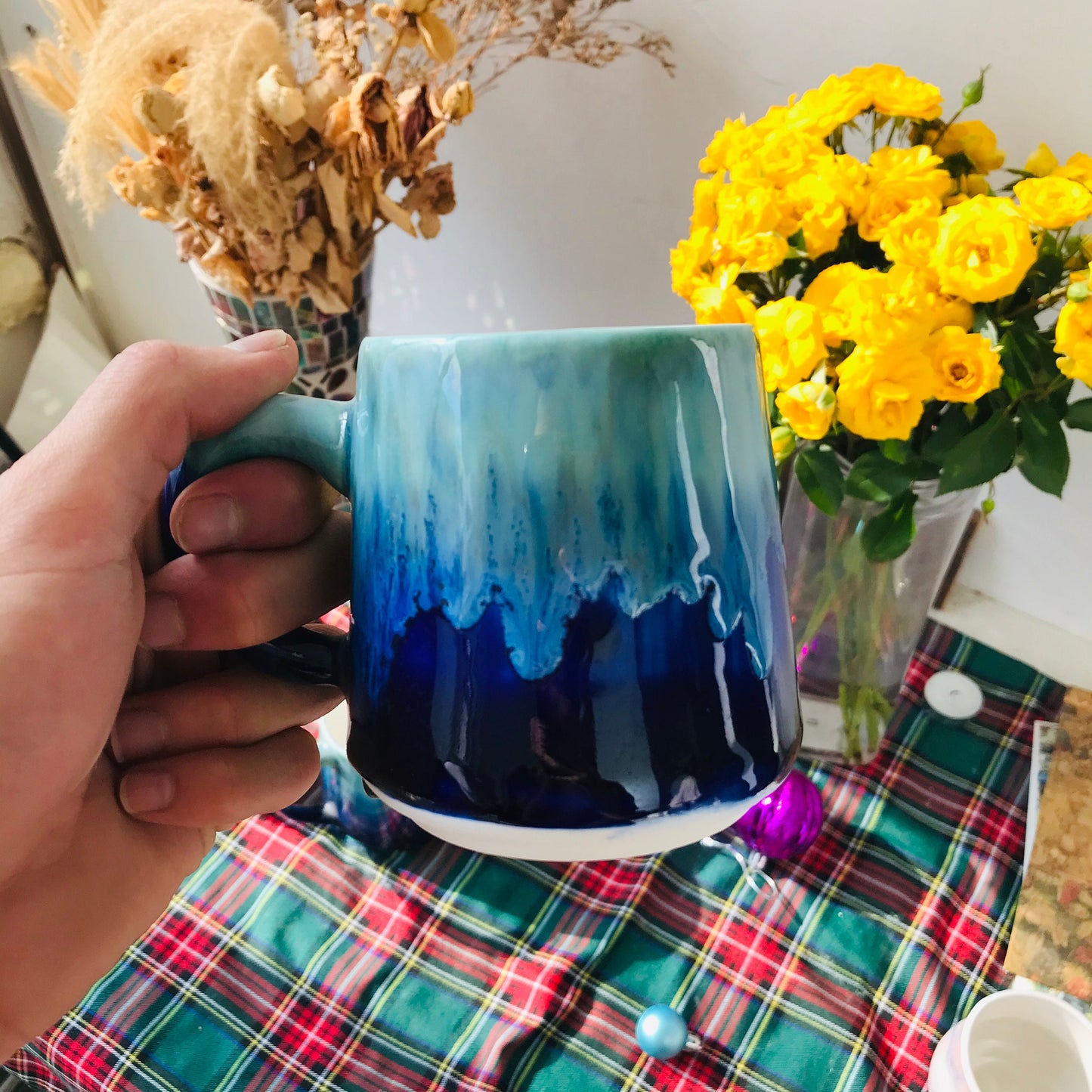 Ceramic Coffee Mug Handmade, 14 Oz Water Blue Personalized Pottery Mug