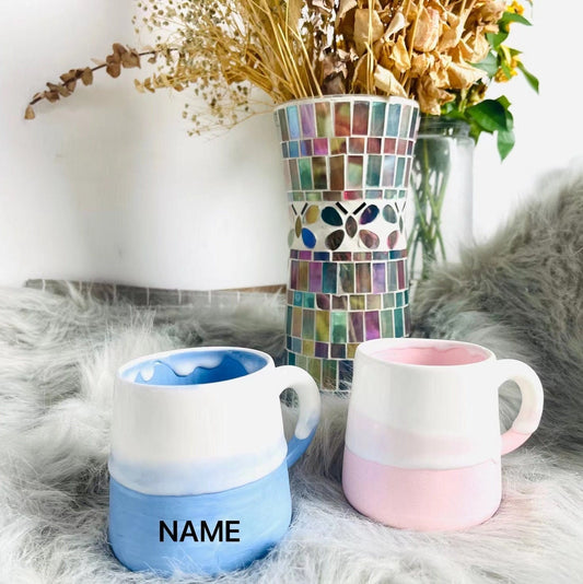 Handmade Ceramic Coffee Mug With Name, Pink and Blue Personalized Pottery Mug