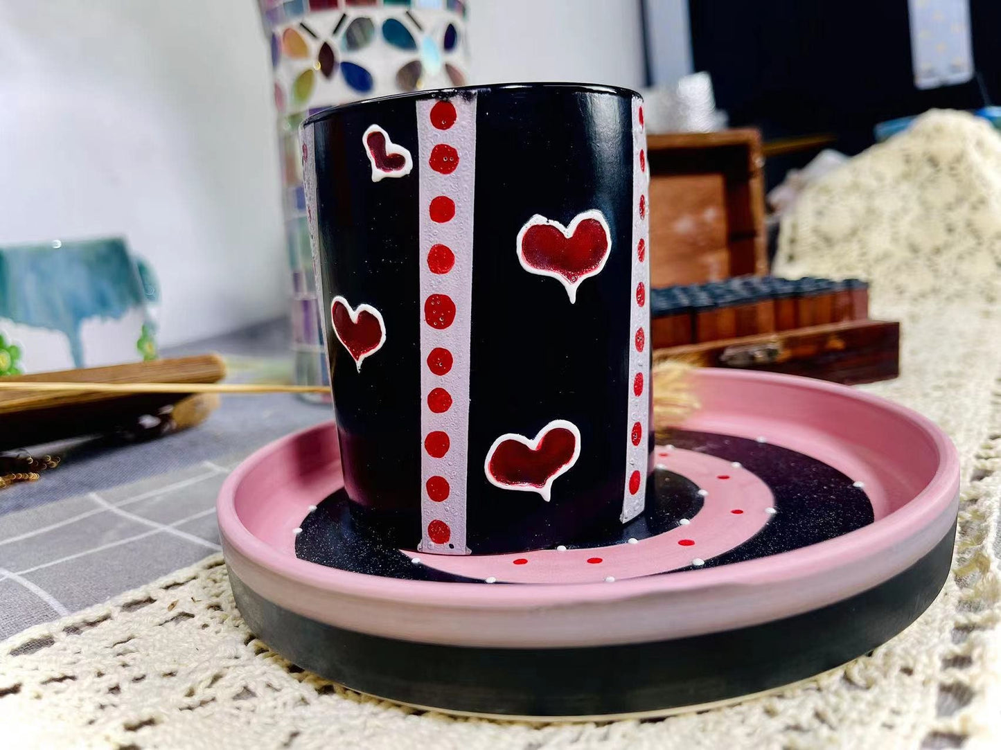 Hand Painted Heart Ceramic Dinner Plate, Handmade Personalized Pottery Dinnerware