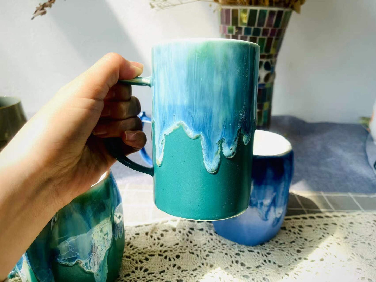 Colorful Ceramic Mug with Flowing Glaze, Brightly Colored Personalized Handmade Pottery Mug