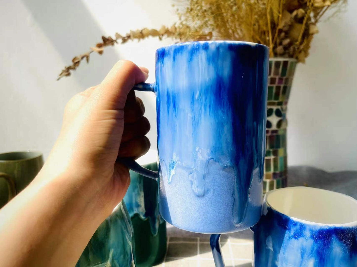 Colorful Ceramic Mug with Flowing Glaze, Brightly Colored Personalized Handmade Pottery Mug