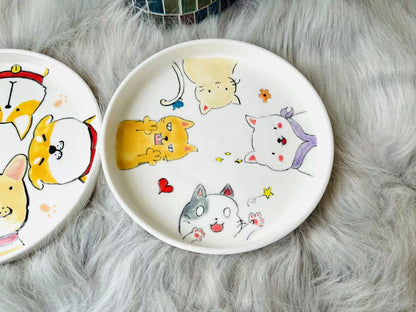 Personalized Hand-Painted Cartoon Cats and Dogs Plates, Handmade Pottery Dinnerware