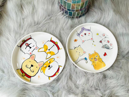 Personalized Hand-Painted Cartoon Cats and Dogs Plates, Handmade Pottery Dinnerware
