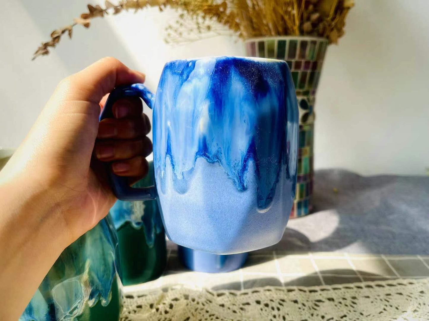 Colorful Ceramic Mug with Flowing Glaze, Brightly Colored Personalized Handmade Pottery Mug