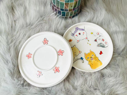 Personalized Hand-Painted Cartoon Cats and Dogs Plates, Handmade Pottery Dinnerware
