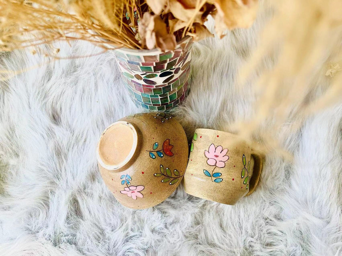 Hand-Painted Coarse Pottery Ceramic Mugs And Bowls With Charming Floral Designs