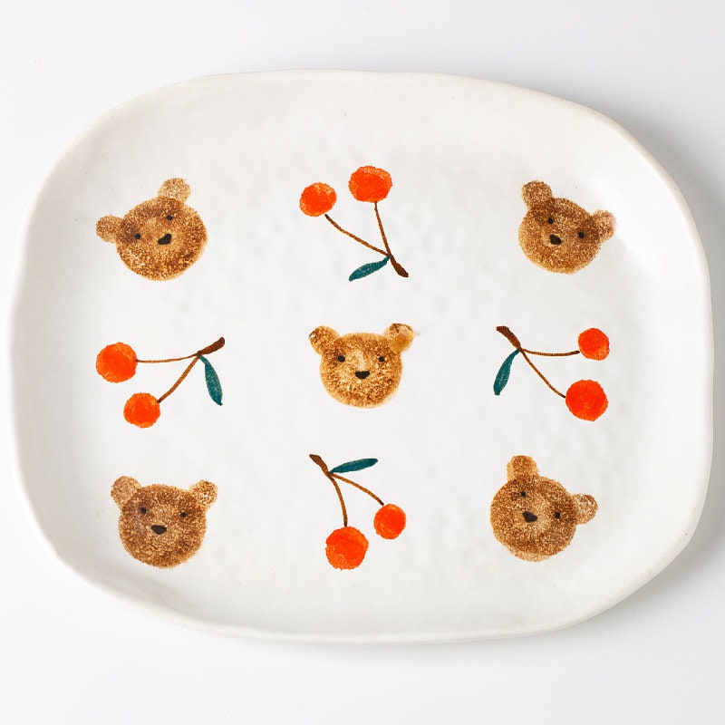 Cute Cherry Bear Ceramic Salad Plate, Handmade Personalized Pottery Dinnerware