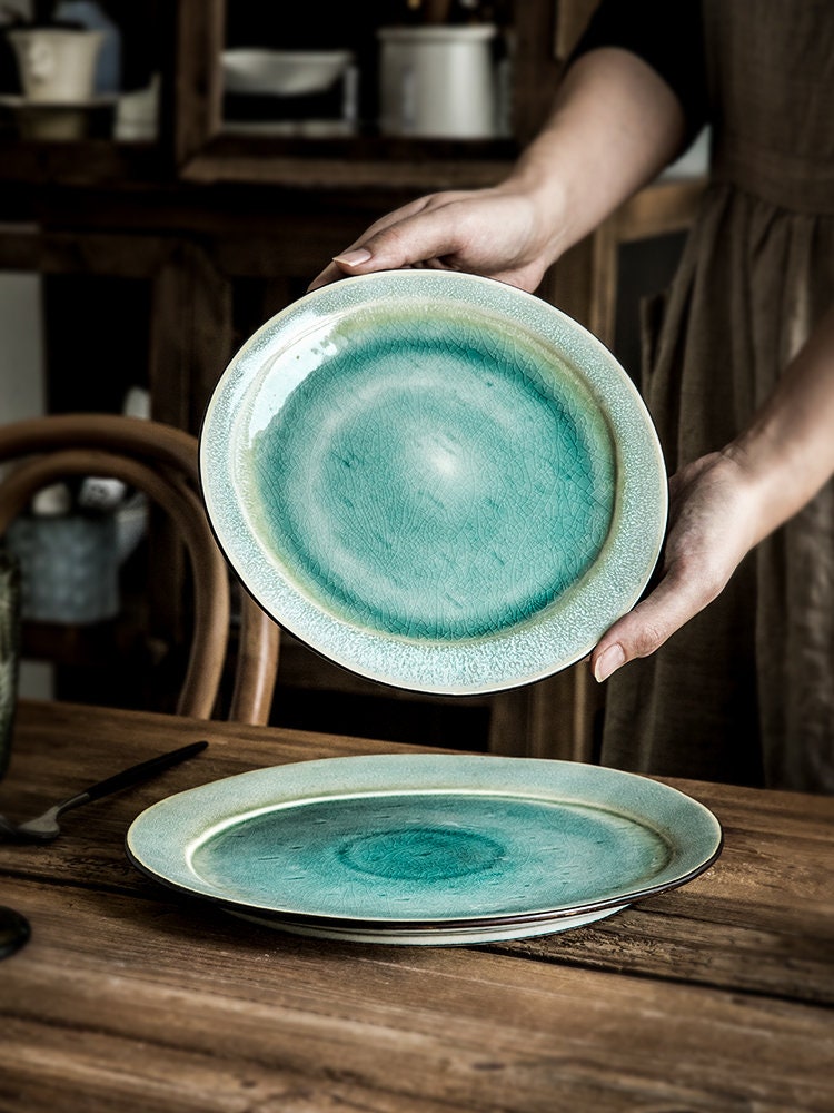 Retro Green Ceramic Salad Plate, Handmade Personalized Pottery Dinnerware