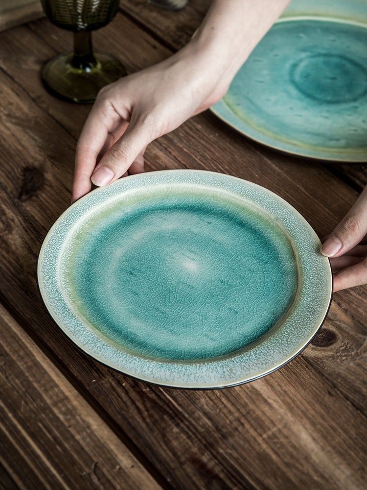 Retro Green Ceramic Salad Plate, Handmade Personalized Pottery Dinnerware
