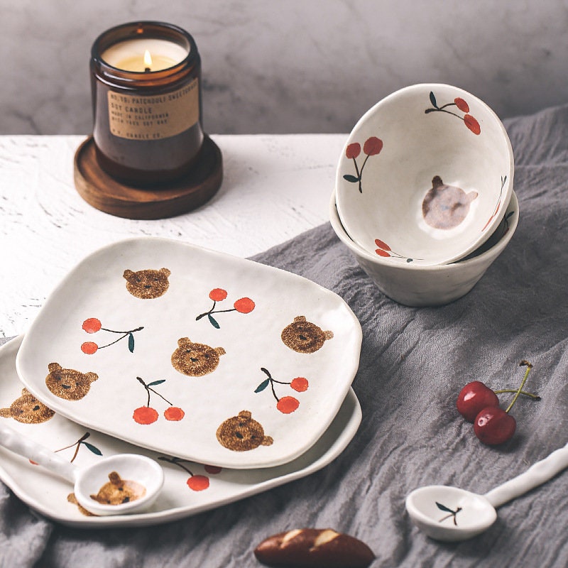 Cute Cherry Bear Ceramic Salad Plate, Handmade Personalized Pottery Dinnerware