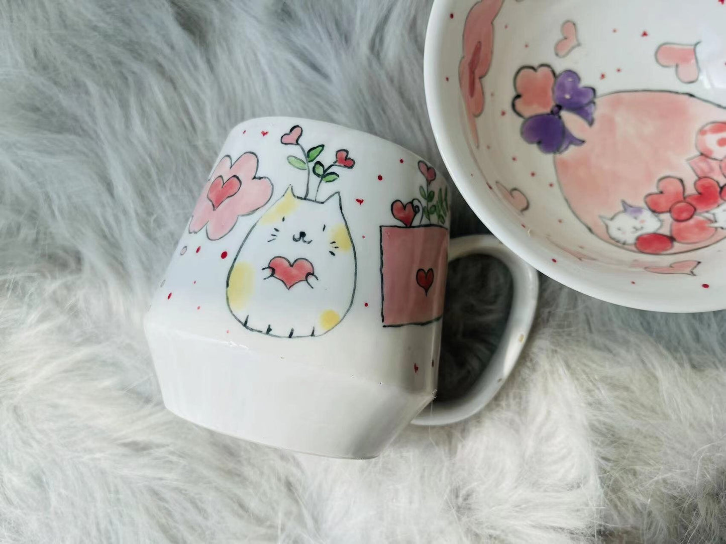 Adorable Hand-Painted Cartoon Cat Ceramic Mug and Bowl, Handmade Pottery Coffee Mug And Bowl