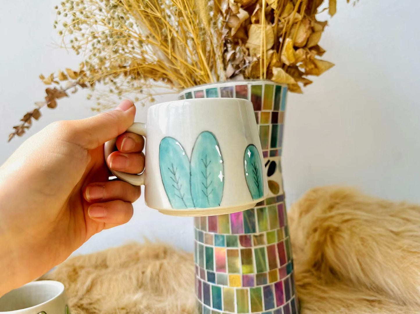 Adorable Plants Designs Hand-painted Ceramic Mug, Personalized Handmade Ceramic Cup